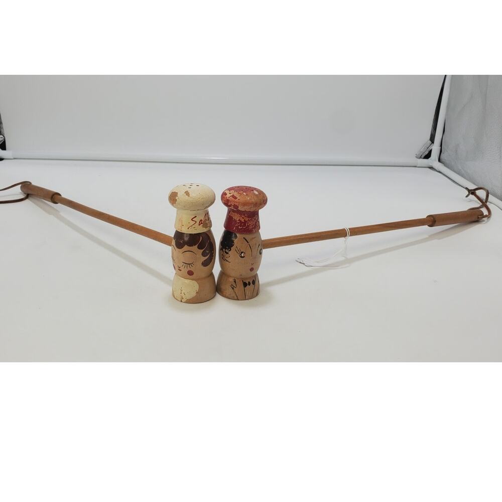VTG Salty & Peppy MCM Salt & Pepper Shakers 4" Chef Hat Wood  W/ 14" Handles